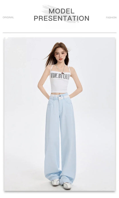 Loose Casual Wide Leg Denim Pants Summer New Thin 100% Cotton Women's High Waist Y2K Contrast Stitching All Match Baggy Jeans