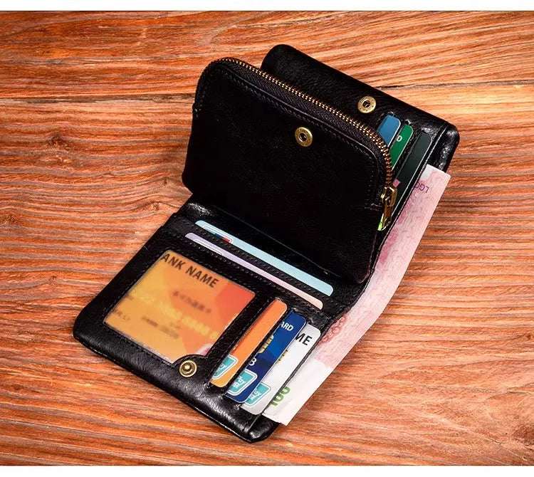 Original vegetable tanned cowhide short wallet, retro top layer cowhide wallet, handmade genuine leather multifunctional wallet