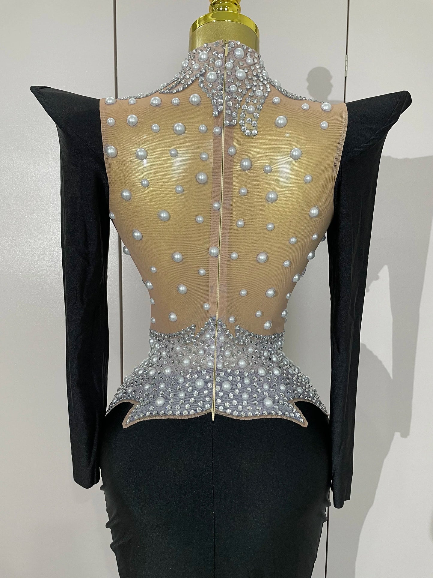 Luxury Sparkly Diamonds Pearl White See Through Mesh Long Dress Women Wedding Evening Party Stage Performance Photoshoot Dress