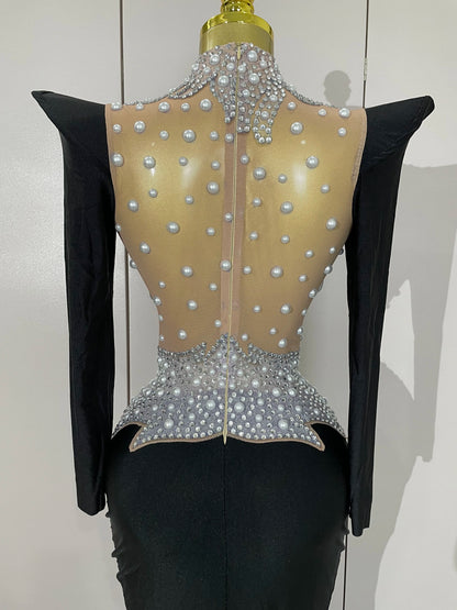 Luxury Sparkly Diamonds Pearl White See Through Mesh Long Dress Women Wedding Evening Party Stage Performance Photoshoot Dress