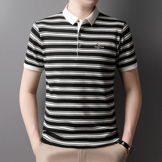 Classic striped men polo shirt summer cool breathable short sleeve fashion brand letter embroidery luxuriou casual lapel T-shirt