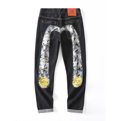 Japanese Handmade Embroidered Jeans Men's Pure Cotton Straight Tube Hip-Hop Popular Slim Red Ears Show Thin Trousers Devil Big M