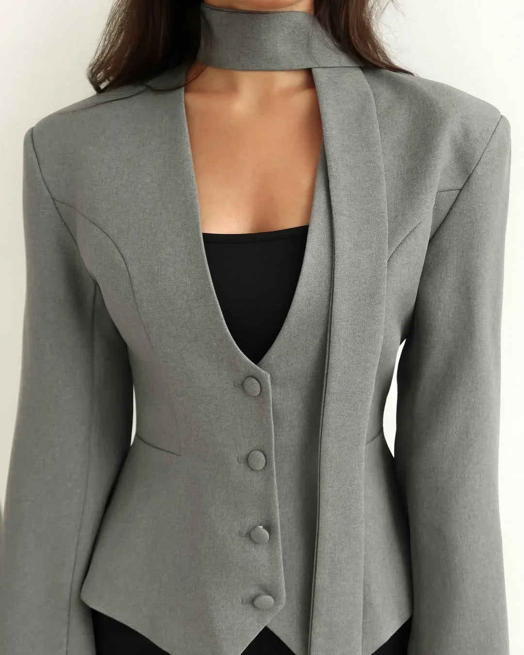 Single Breasted Coat Women's V Neck Scarf With Long Sleeve Waist-Cinching Blazer Jacket Lady Casual Slim Commute Coat