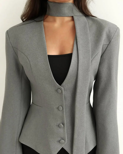 Single Breasted Coat Women's V Neck Scarf With Long Sleeve Waist-Cinching Blazer Jacket Lady Casual Slim Commute Coat