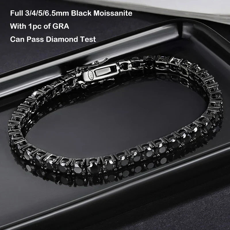 Full 3/4/5/6.5mm Black Moissanite Tennis Bracelet for Men Women Unisex 925 Silver Plated 18K Black Gold Hip Hop Bracelets