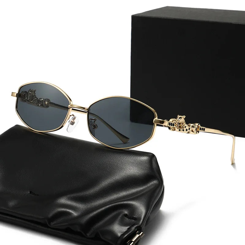 Punk Women's Retro Metal Frame Sunglasses Leopard Head Decor UV400 Shades Fashion Gradient Sun Glasses for Street & Vacation