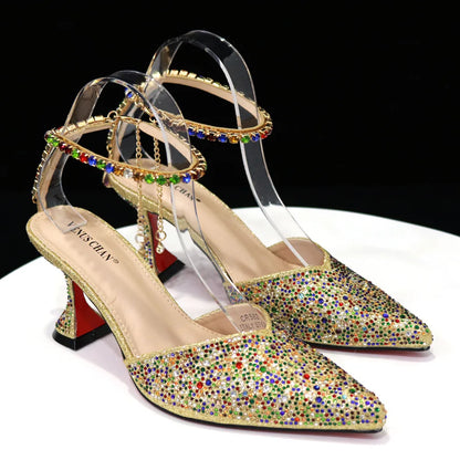 2023 Pointed Toe Heels Wedding Shoes for Women Bride Full Drilling Design Shoes With Matching Handbags for Ladies