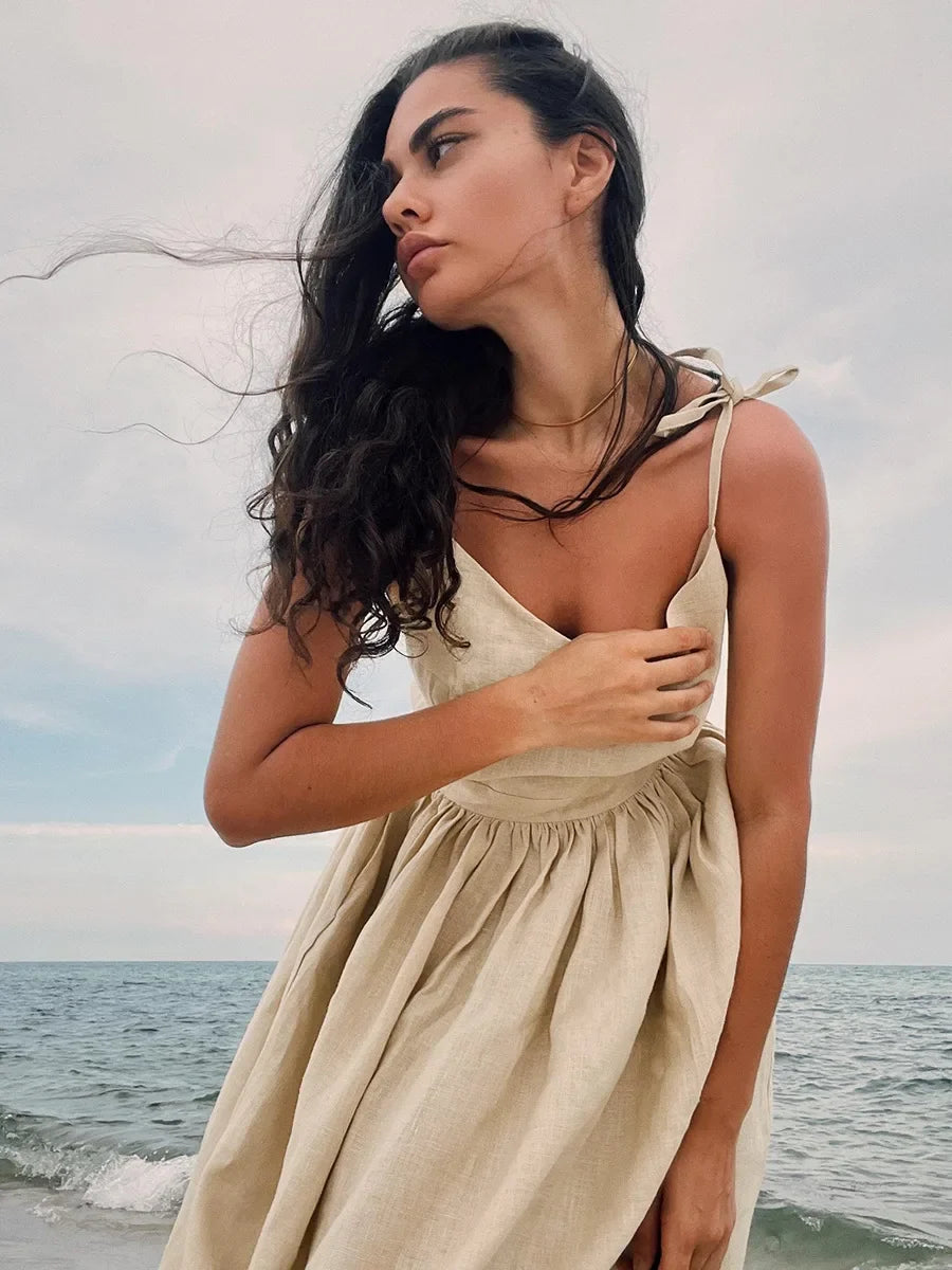 Spring Summer Beach Style Women Dress Vintage Loose A-line Sling Dress Sexy Hot Girl 100% Cotton V-neck Dress