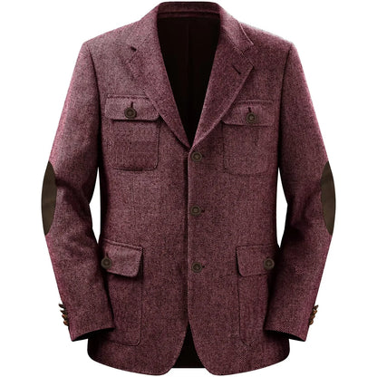Autumn Winter Multi-Pocket Hunting Jacket Herringbone Tweed Men's Sporty Formal Blazers Suit Vintage Elegance Menswear 2025 NEW