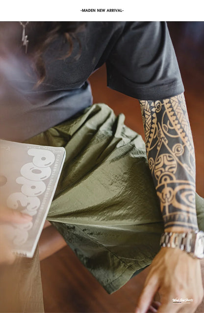 Men's Amekaji Shorts Summer Retro Oversized Wide Leg Casual Shorts Elastic Waist Cargo Breathable Men's Streetwear Shorts