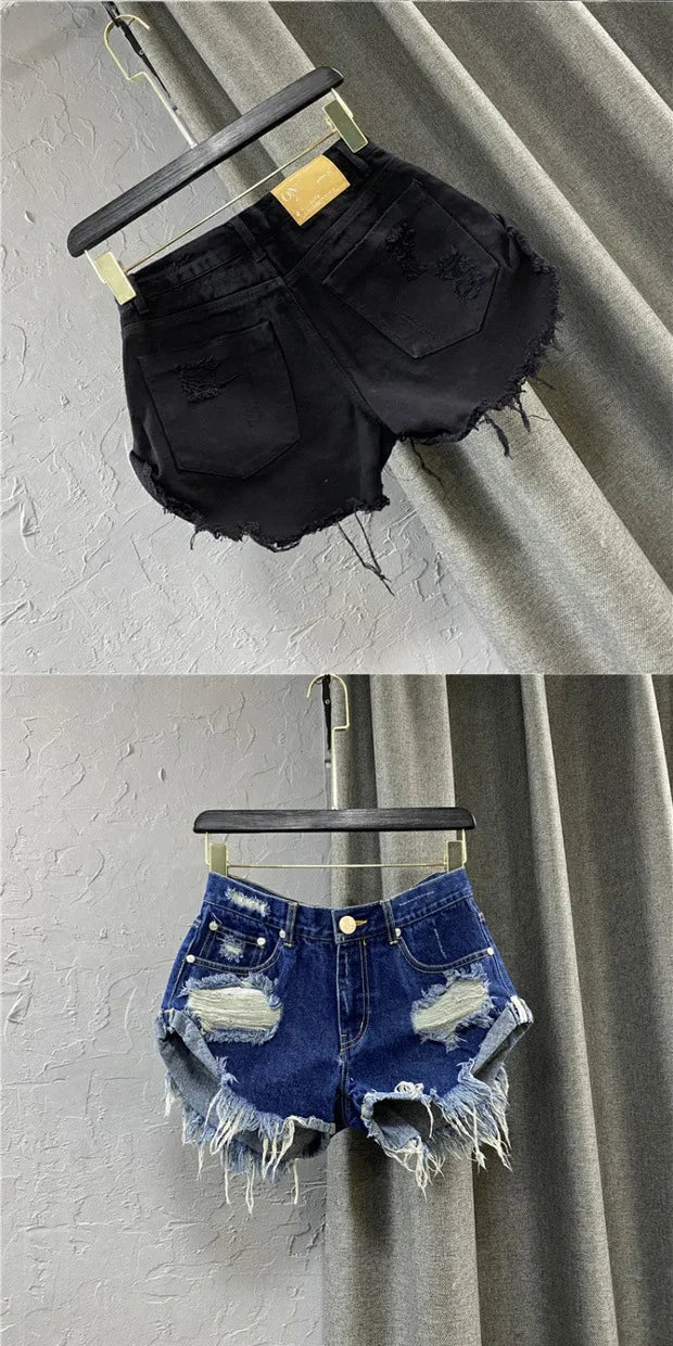 Sexy Low-waisted Denim Shorts 2026 New Summer Hole A Wide-leg Pants Ripped Jeans for Women