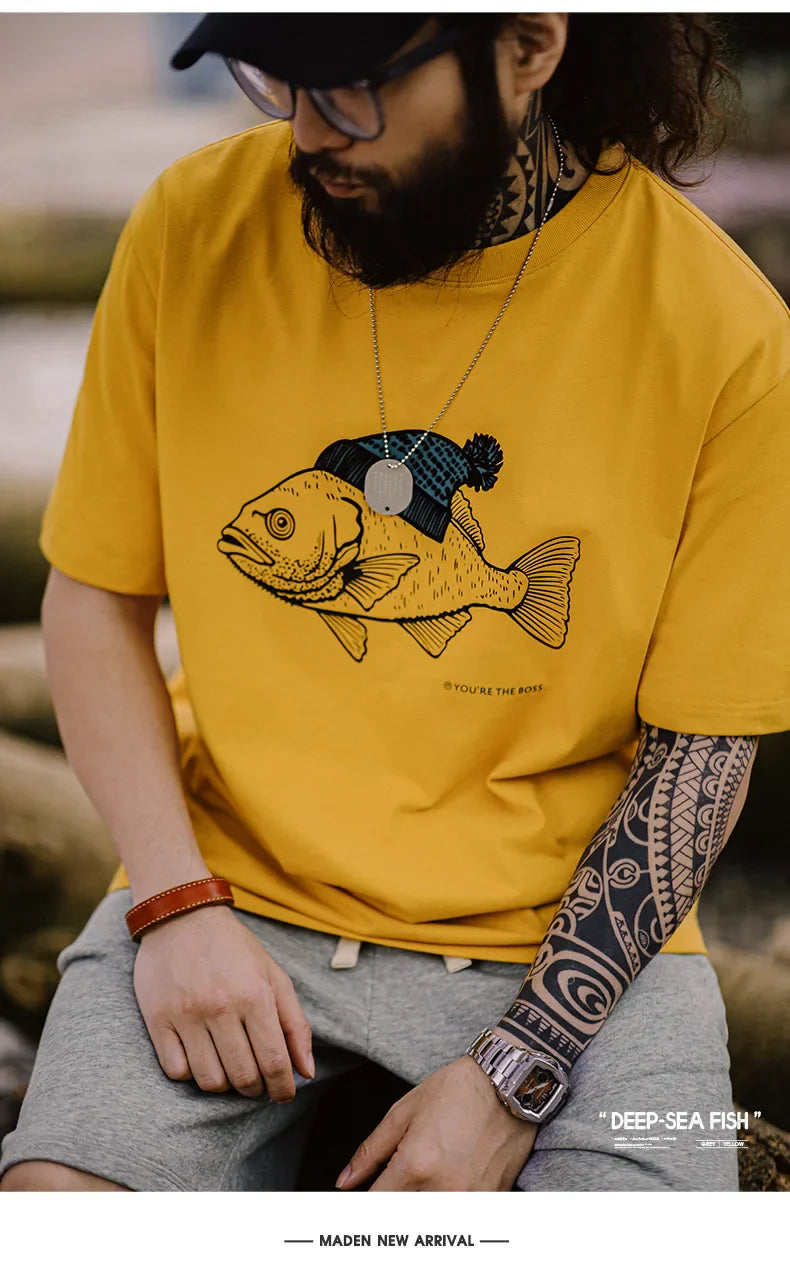 Deep-Sea Fish Printed T-shirt for Men Cotton O-Neck Short Sleeve T Shirts Creative Animal Pattern Tees Summer Casual Tops