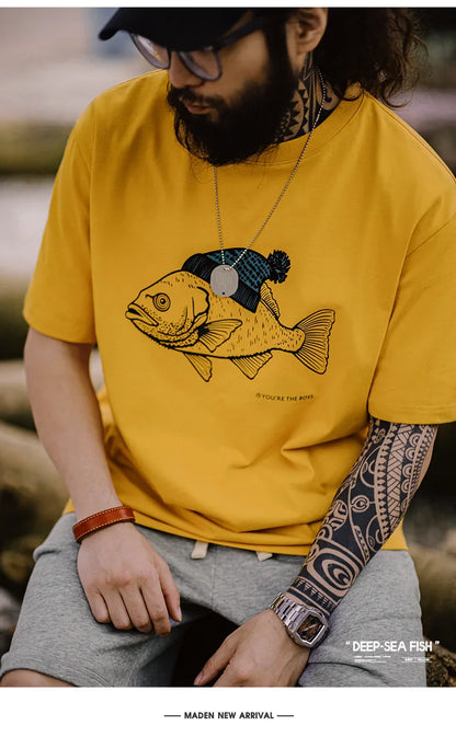 Deep-Sea Fish Printed T-shirt for Men Cotton O-Neck Short Sleeve T Shirts Creative Animal Pattern Tees Summer Casual Tops