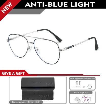 Double Bridge Anti-Blue Light Reading Glasses Men's Metal Pilot Style Leisure Travel Customized Prescription Myopia RS6912