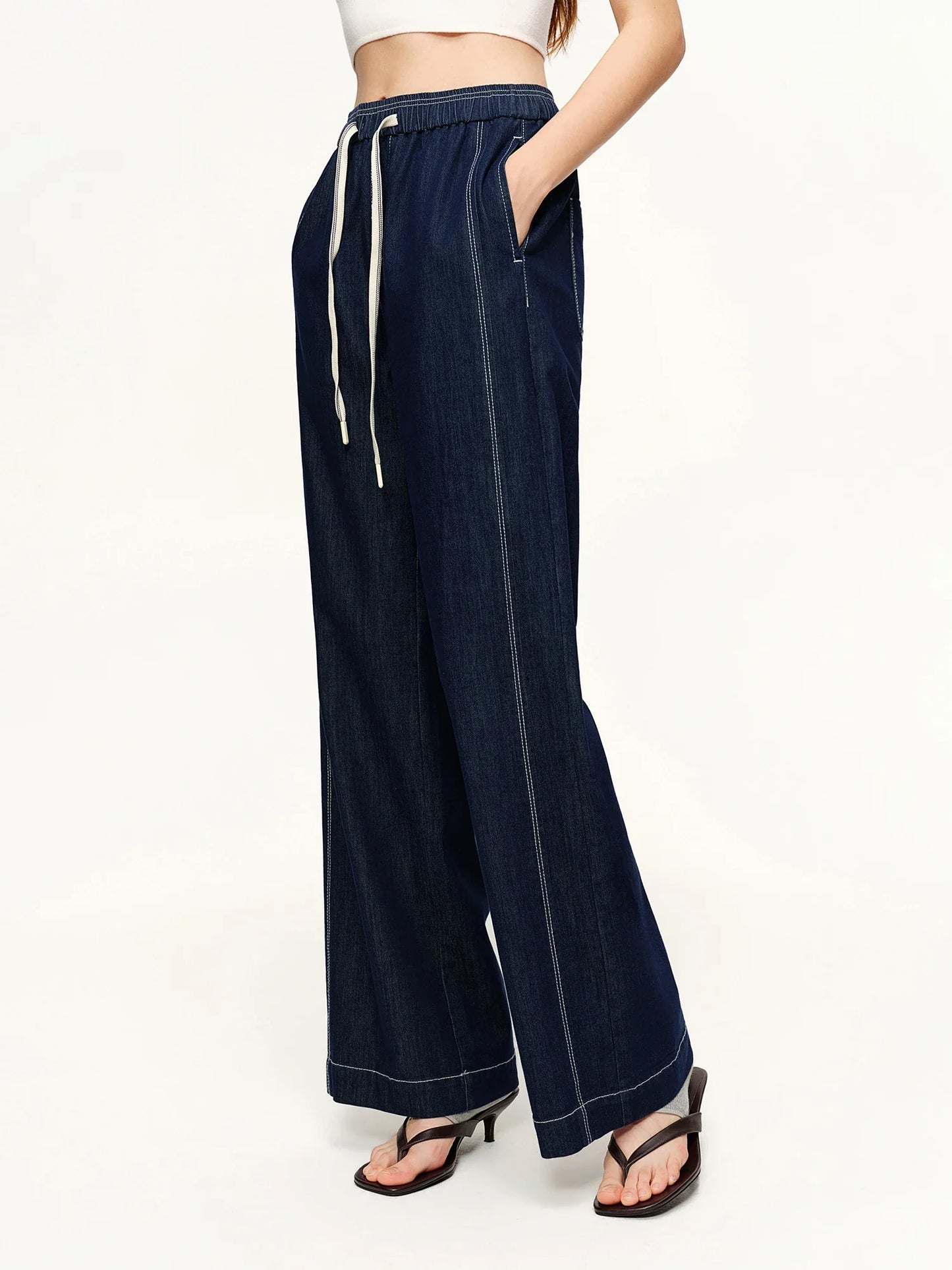 2026 Spring Women's Contrast Topstitching Straight Leg Jeans, Elastic Drawstring Waist Casual Pants for Y2K Street Style