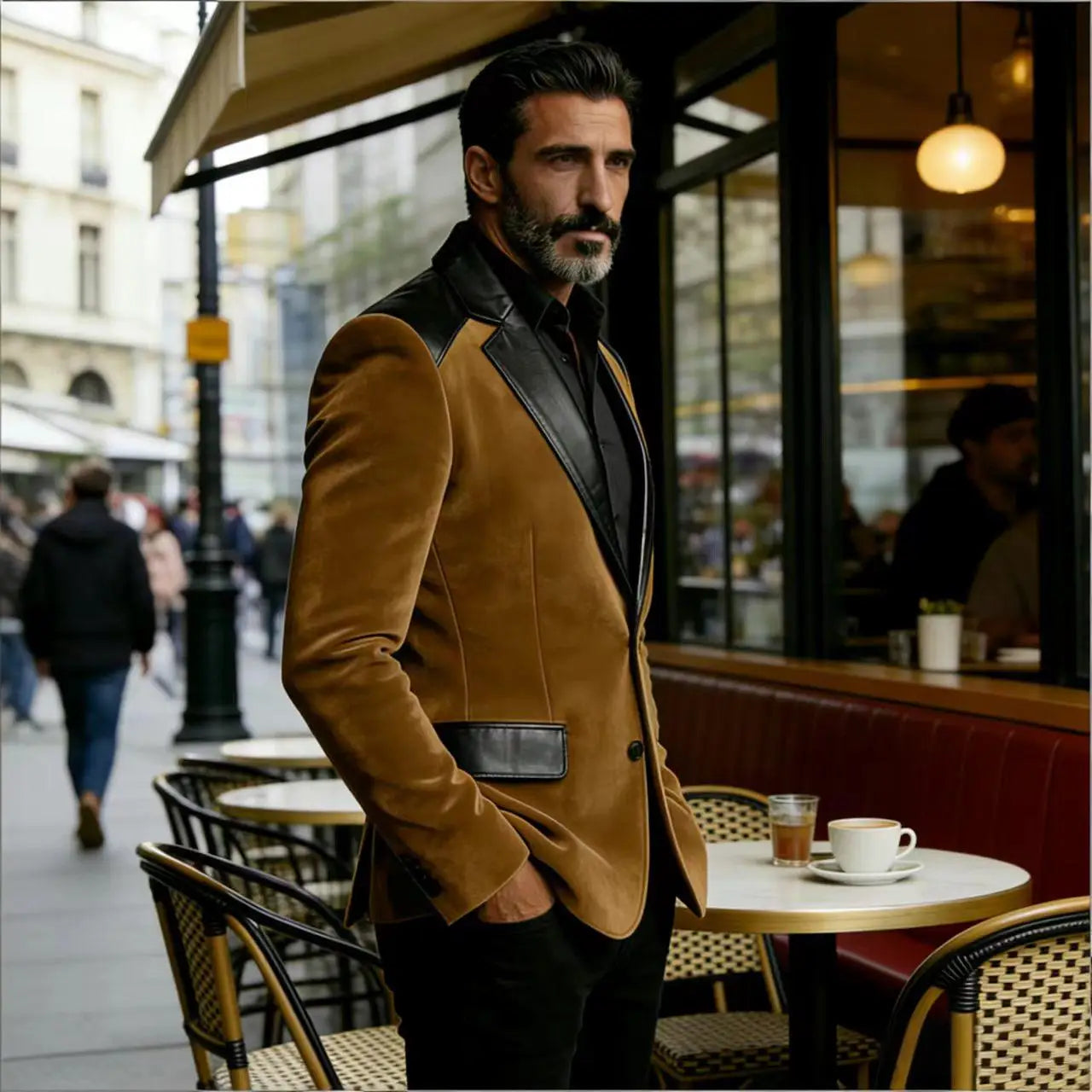 Men's Camel Velvet Blazer with Leather Patchwork Slim Fit Formal Casual Tuxedo Jacket Two-Tone Business Suit Coat