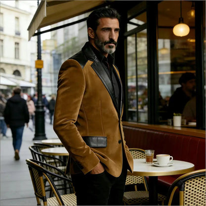 Men's Camel Velvet Blazer with Leather Patchwork Slim Fit Formal Casual Tuxedo Jacket Two-Tone Business Suit Coat