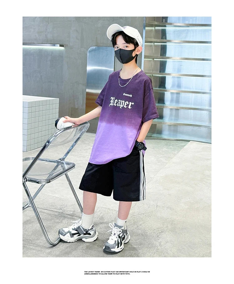 Children Summer Set for Boy Cotton Short Sleeve T-shirt And Shorts Clothing Set Kids Hip Hop Rapper Outfit Suit 2 Pcs Tracksuit