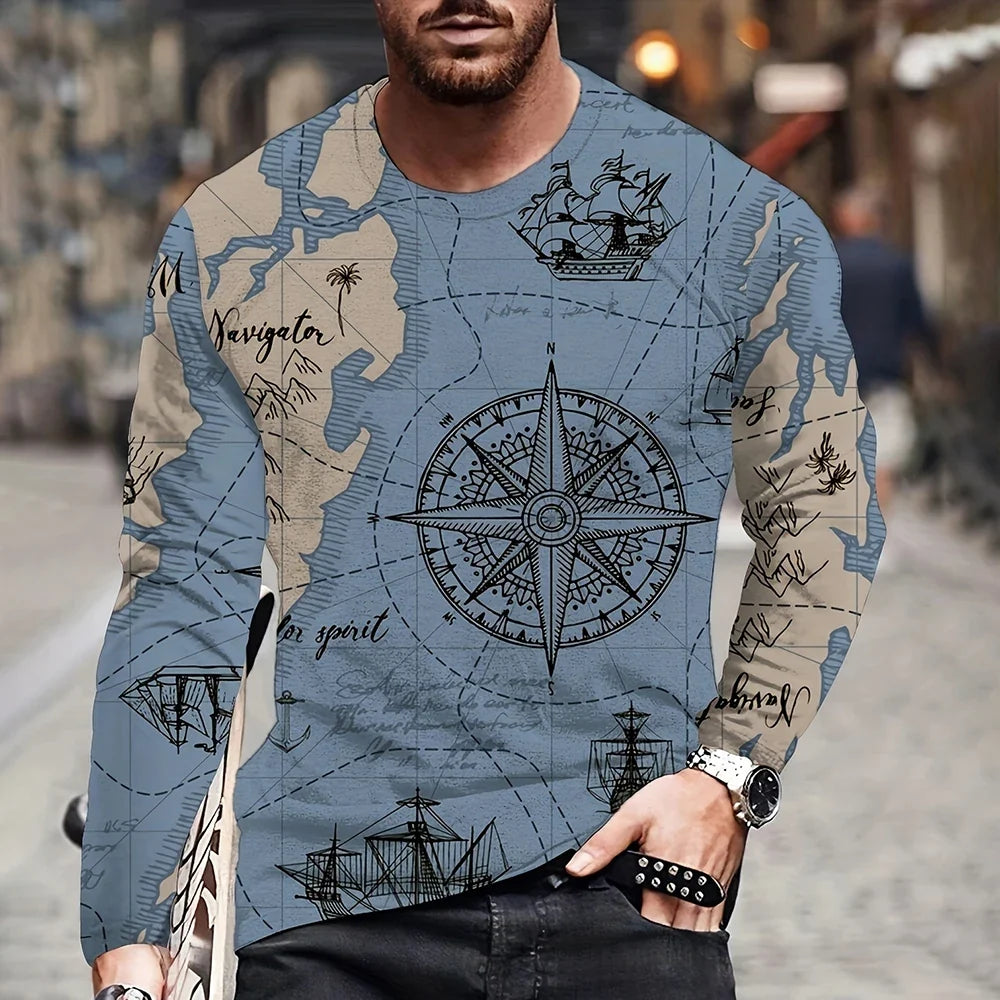 2023 Vintage Men's T Shirt Cotton Cross Pattern Long Sleeve 3D Clothing Nautical Map Print Street Harajuku Oversized