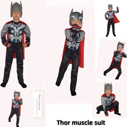 Halloween Carnival Clothes for Children Kids Thor Muscle Costume Superhero Thor Cosplay Muscle Costume Jumpsuit Mask Performance