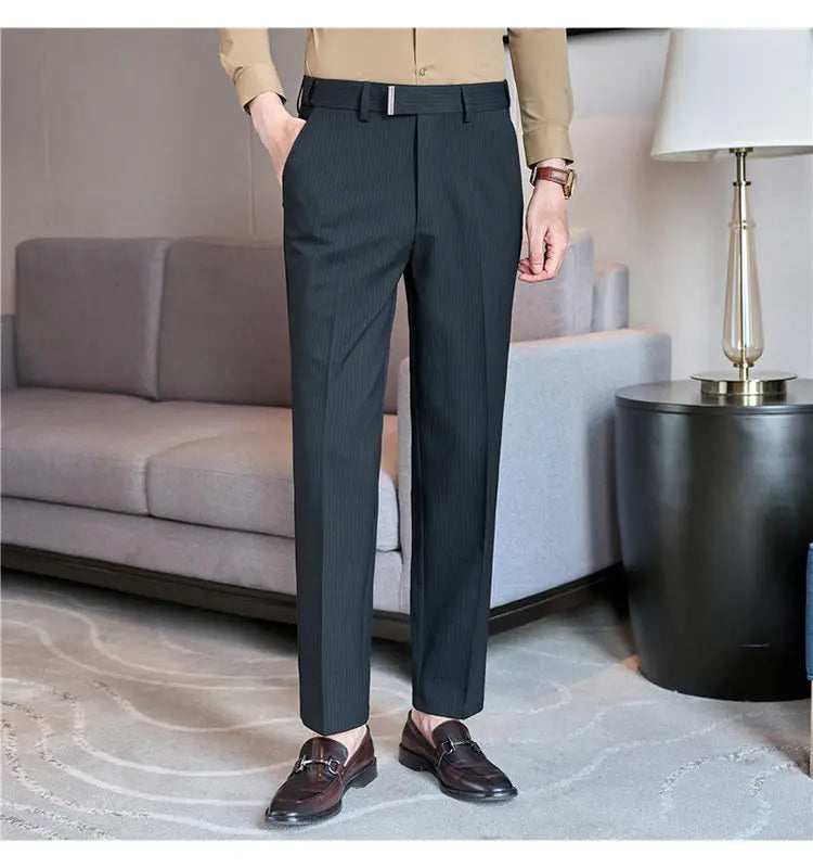 High Quality Hidden Elastic Waistband Metal Decorative Design Casual Pants Fashion Striped Slim Fit Office Social Men's Trousers