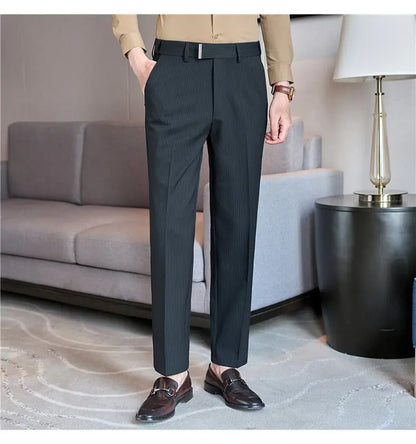 High Quality Hidden Elastic Waistband Metal Decorative Design Casual Pants Fashion Striped Slim Fit Office Social Men's Trousers