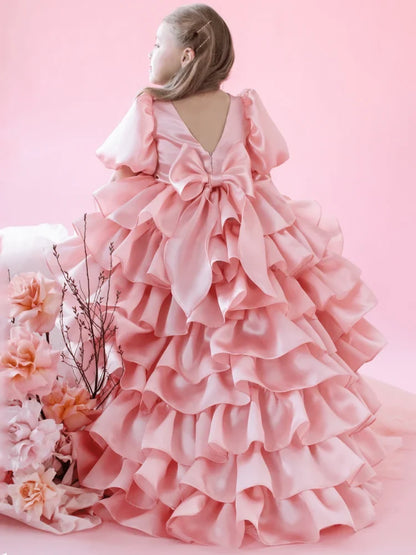 Customized Flower Girl Dresses Beige Tiered With Bow And Tailing Short Sleeve For Wedding Birthday Party Holy Communion Gowns