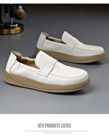 Spring Summer New Genuine Leather Shoes Men Solid Color Fashion Loafers Male Soft Sole Anti-slip Height-increasing Loafers Man