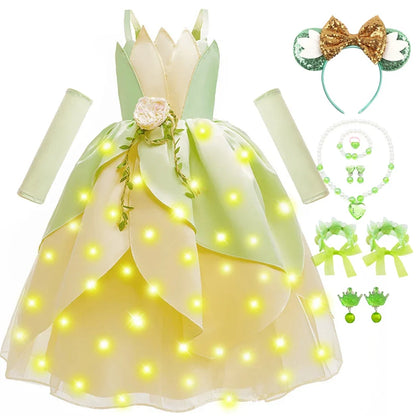 Tiana Fancy Girls Princess Costume Kid Carnival Dress Cosplay Floral LED Light Up Clothing Halloween Girls Christmas Party 2-11T