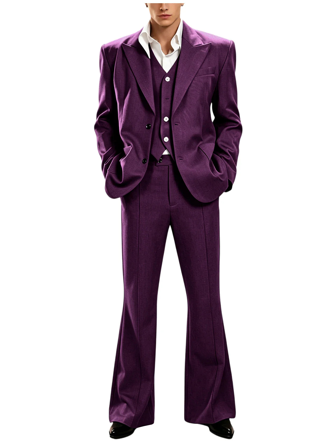 Vintage Men's 3 Piece Suit Set Peak Lapel Slim Fit 2 Button Double Breasted Blazer Vest Flared Pants for Formal Business Wedding