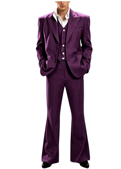 Vintage Men's 3 Piece Suit Set Peak Lapel Slim Fit 2 Button Double Breasted Blazer Vest Flared Pants for Formal Business Wedding
