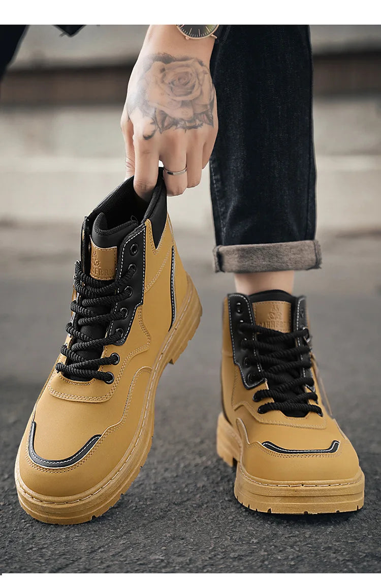 Men Boots  Autumn High Top British Korean Thick Soled Platform Comfortable Non Slip Short Boots Outdoor Lace Up Cotton Boots 202