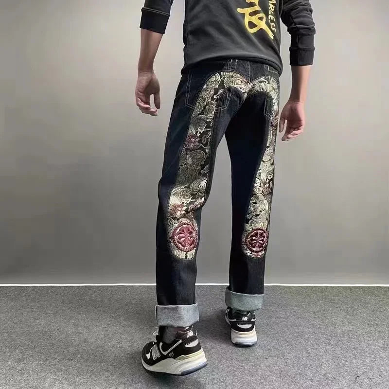 Japanese Handmade Embroidered Jeans Men's Pure Cotton Straight Tube Hip-Hop Popular Slim Red Ears Show Thin Trousers Devil