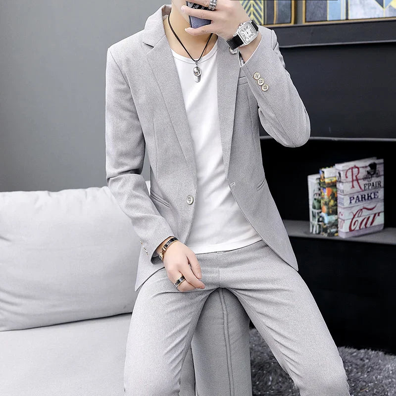 2026 High Quality Casual Suit for Men (Suit + Trousers) Young Solid Color Handsome Korean Version Fashion Slim Two-Piece Set