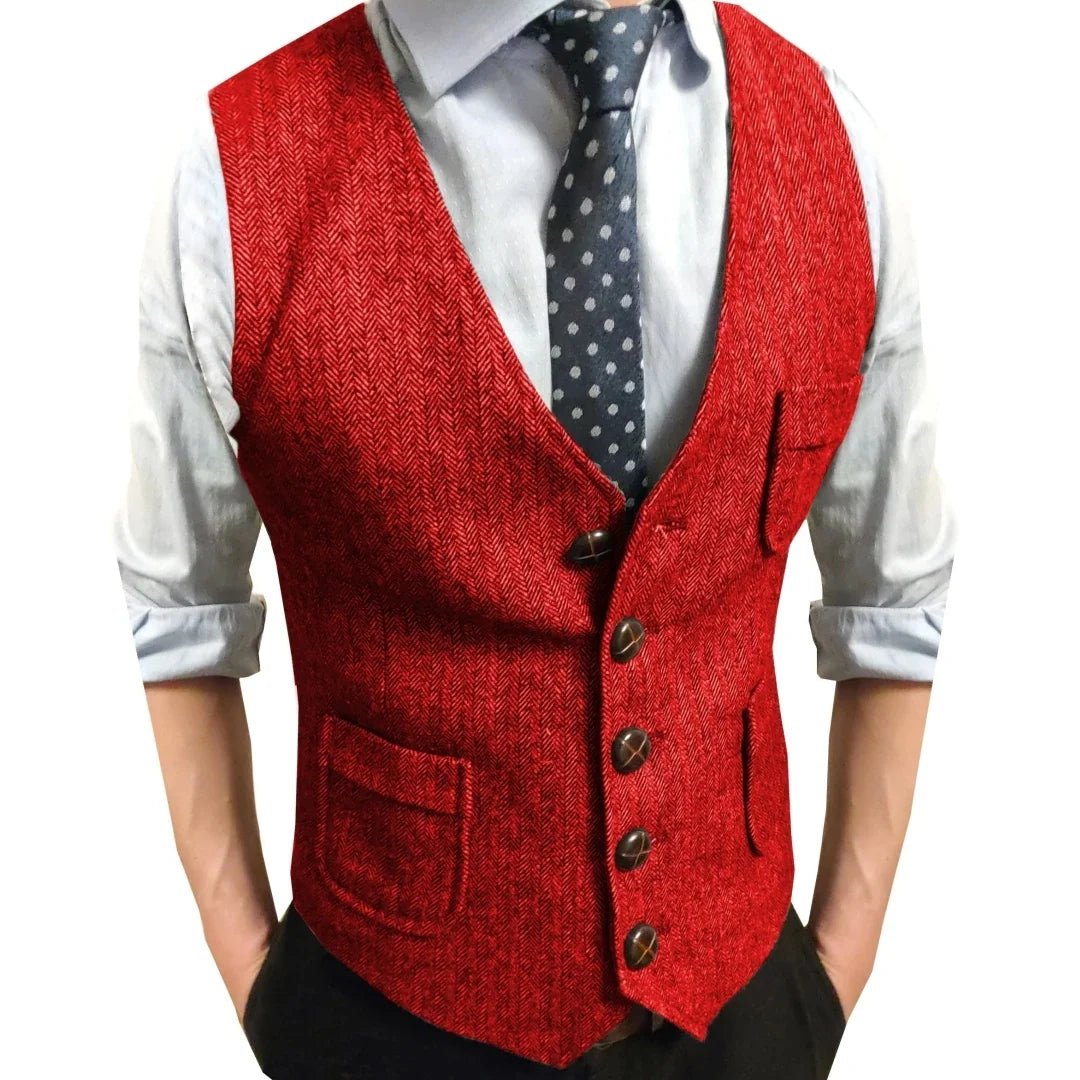 Men Vest Brown Herringbone Single Button V Neck Waistcoat For Wedding Party Business Work Office Daily Casual Men Suit Vest