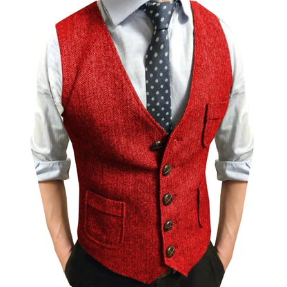 Men Vest Brown Herringbone Single Button V Neck Waistcoat For Wedding Party Business Work Office Daily Casual Men Suit Vest