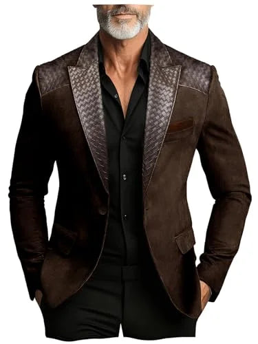 Men's Faux Suede Jacket with PU Leather Collar & Shoulder Two-Tone Blazer Contrast Trim Coat