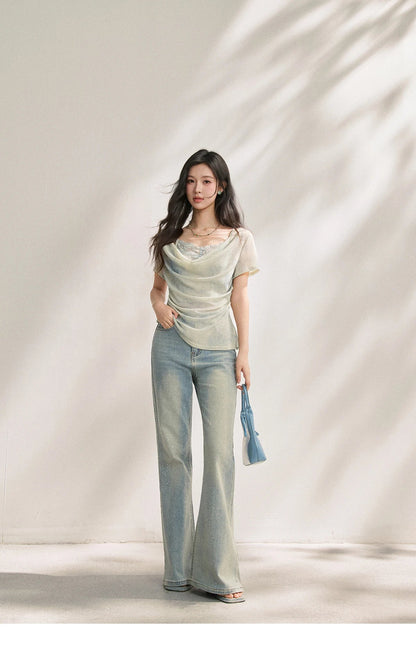 Blue Tie Dye T-Shirt For Women 2026 Summer New Swing Collar Lace Pleated Slimming Breathable French Style Top MXF22T1617
