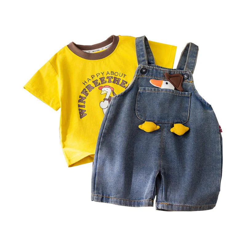 Children Clothing Baby Boys Girls Cartoon Duck T Shirt Denim Overalls 2Pcs/sets Kids Infant Casual Clothes Toddler Fashion Wear