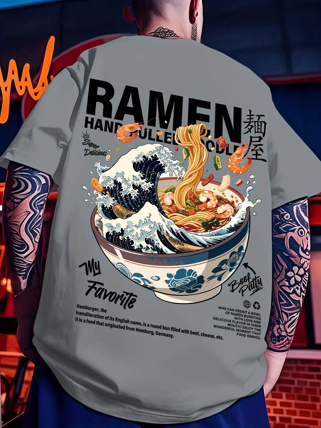 Men New Summer Casual Street Style T-shirt Japanese Waves Ramen Pattern Suitable for Daily Wear 100% Pure Cotton Soft Material