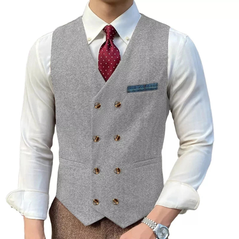 Men Vest Brown Solid Double ButtonTweed Slim Casual Business Waistcoat Jacket For Wedding Party Banquet Prom Set