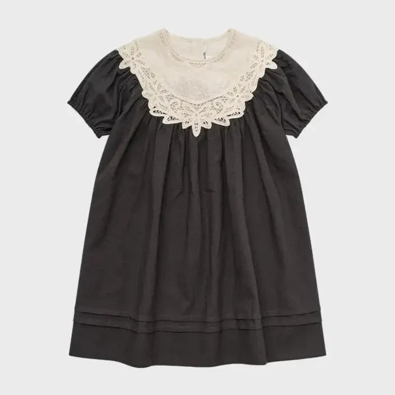 Summer LOU Girls' Printed Cotton Dress Short-Sleeved Handmade Embroidered Wide-Necked Children's Holiday Dress