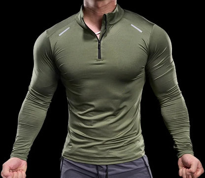 Men Long Sleeve Stand Collar Zipper T-shirt Gym Running Training Fitness Bodybuilding Sport Top Quality Elastic Tight Tops Tees