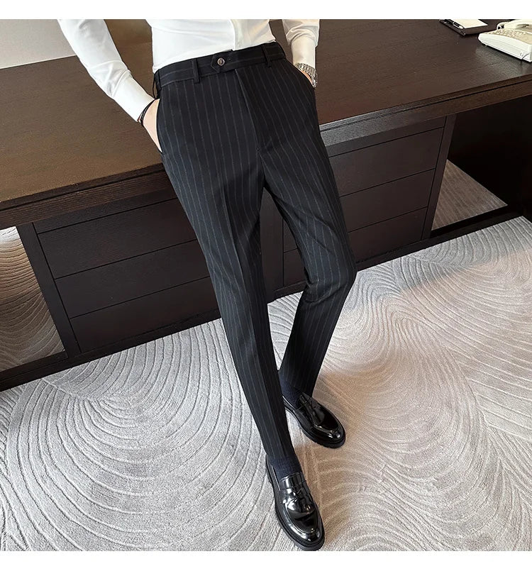 High Quality Striped Suit Pants 2025 Autumn New Fashion Slim Fit Business Elastic waisted Pants Male Wedding Party Trousers