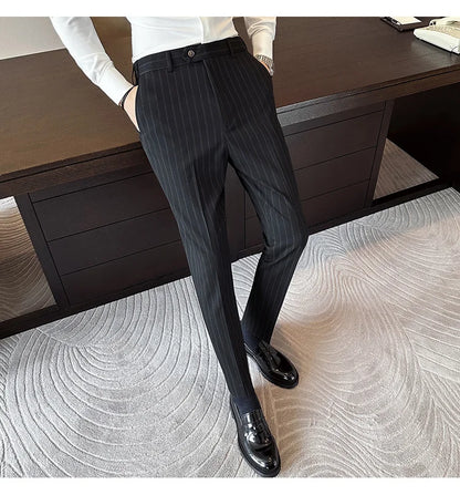 High Quality Striped Suit Pants 2025 Autumn New Fashion Slim Fit Business Elastic waisted Pants Male Wedding Party Trousers