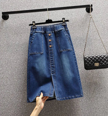 Summer New Women Elastic Waist Denim Skirts Korean Style Elegant Oversized High Waist Slit Skirts Mid Length Ladies Skirts