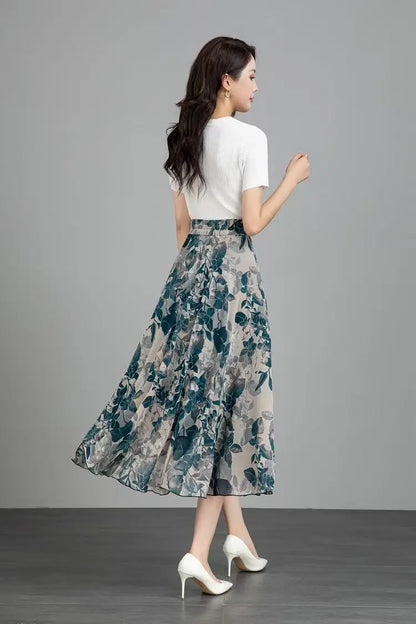 Women's Floral Print Chiffon Maxi Skirt High Waist A-line Casual Summer Skirt