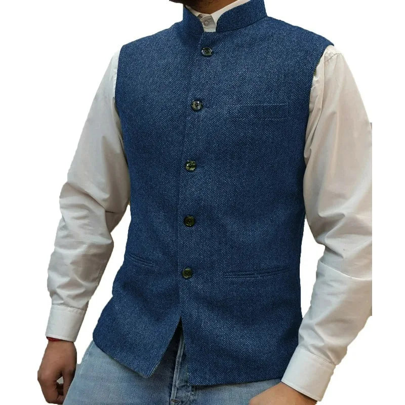 Suit Vest Men Vintage Slim Solid Stand Collar Vest Tops Male Business Casual Sleeveless Jackets Man Wedding Waistcoat