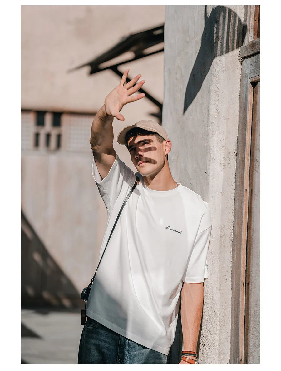 2026 Summer New Super Loose Heavyweight 320gsm 100% Cotton Washed Vintage T-shirts Men Plus Size Logo Embroidery Tops