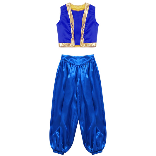 Boys Girls Prince Costume Arabian Prince Fairy Tale Character Cosplay Suits Belly Dance Golden Trim Vest with Satin Bloomer Set